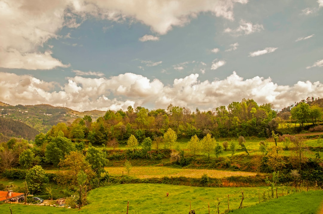 a lush green field surrounded by mountains under a cloudy sky