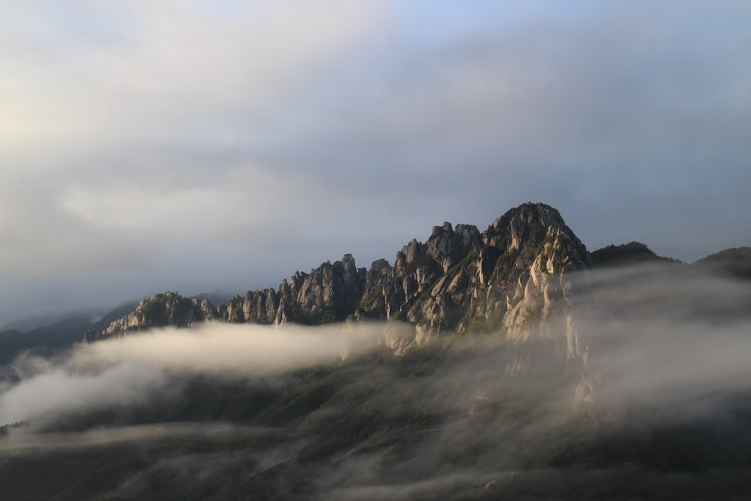 Jagged mountain peaks emerge from low-lying clouds