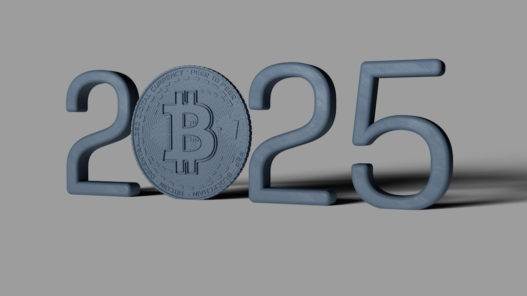 A blue bitcoin sitting on top of a gray surface