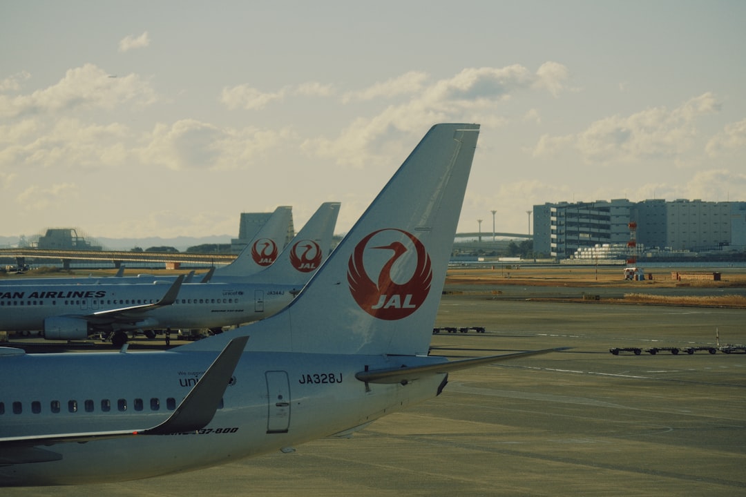 Japan airlines planes lined up at airport