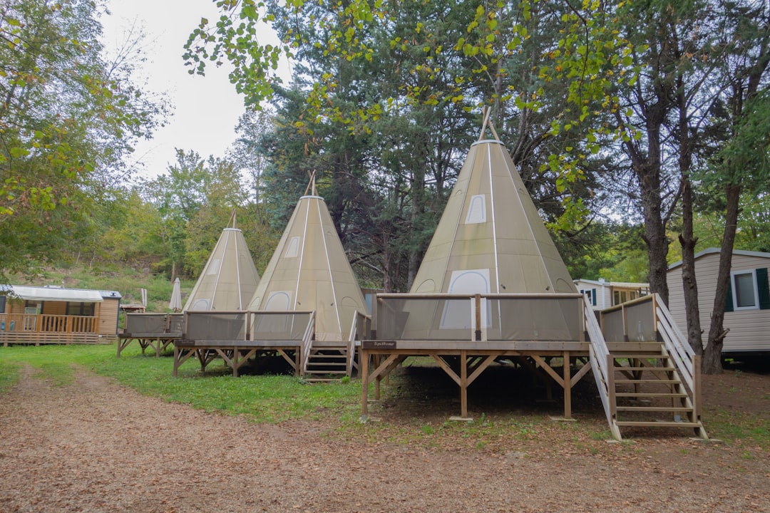 Three teepee-style glamping tents on wooden platforms.
