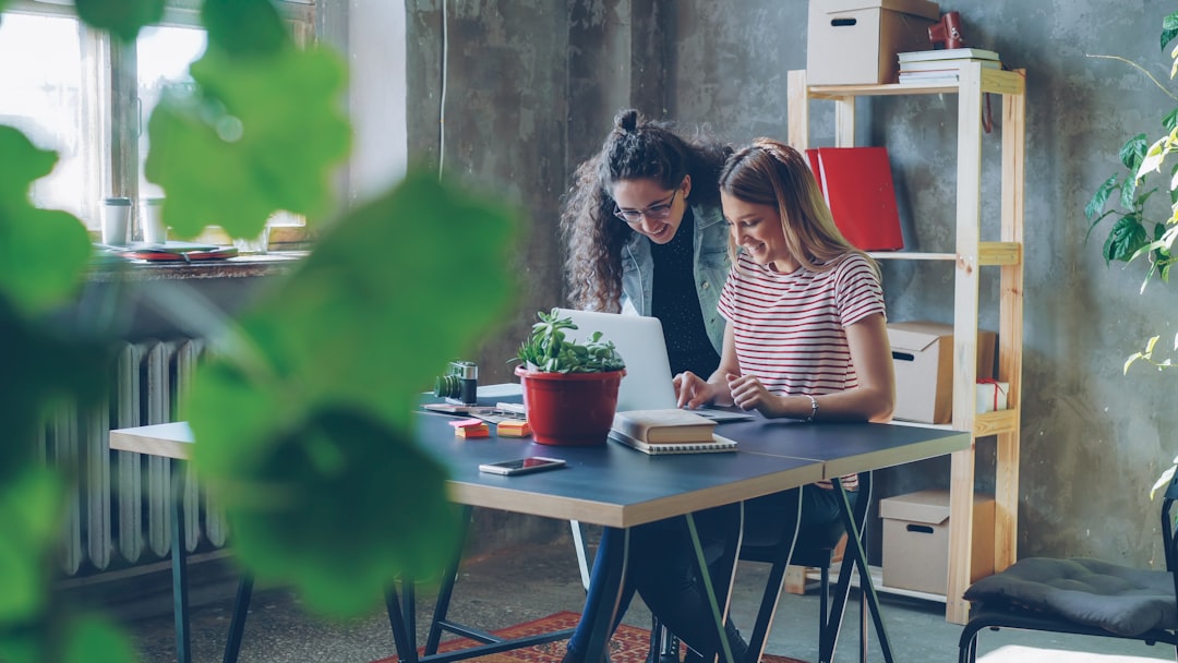 Two women collaborate at a desk in a modern office.