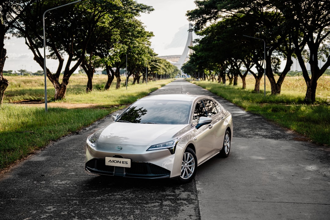 Silver sedan parked on a tree-lined road
