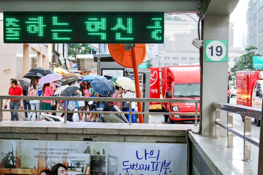 People with umbrellas wait in the rain