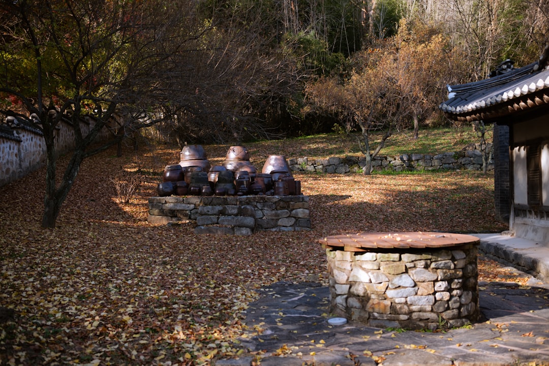 Stone well and jars in autumn courtyard