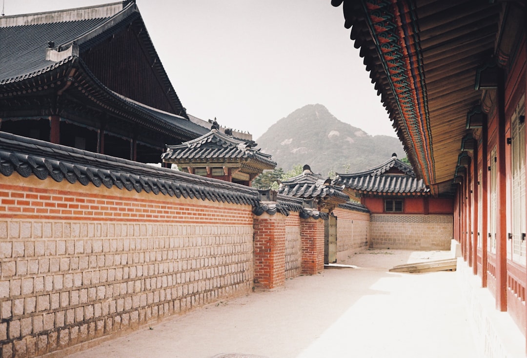 a brick wall with a mountain in the background