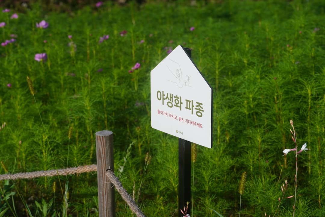 Sign in a field of green plants and flowers