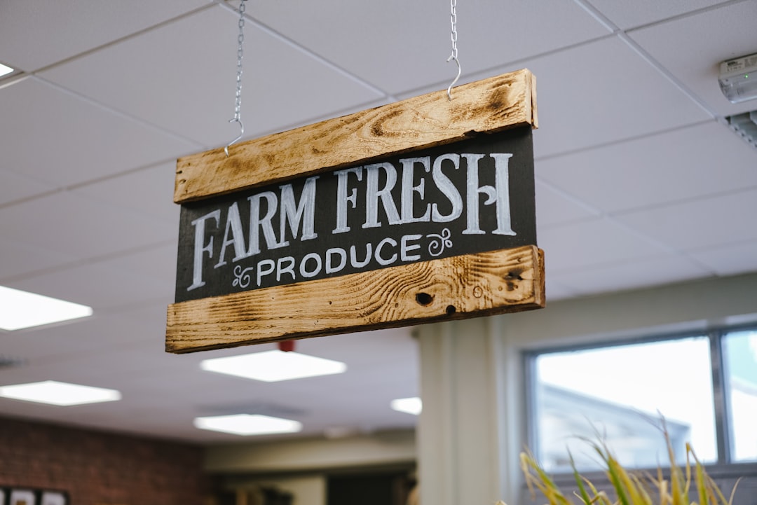 Farm Fresh signage hanging on ceiling