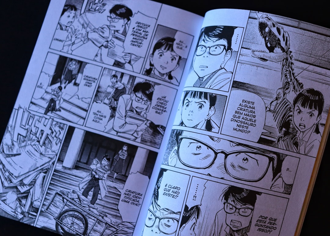 Open comic book with panels and dialogue bubbles