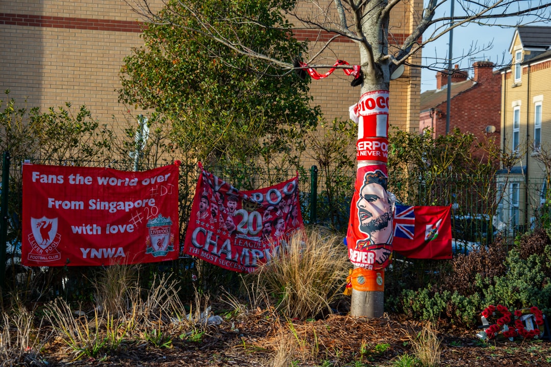 Liverpool fc fan tributes decorate a tree and fence.
