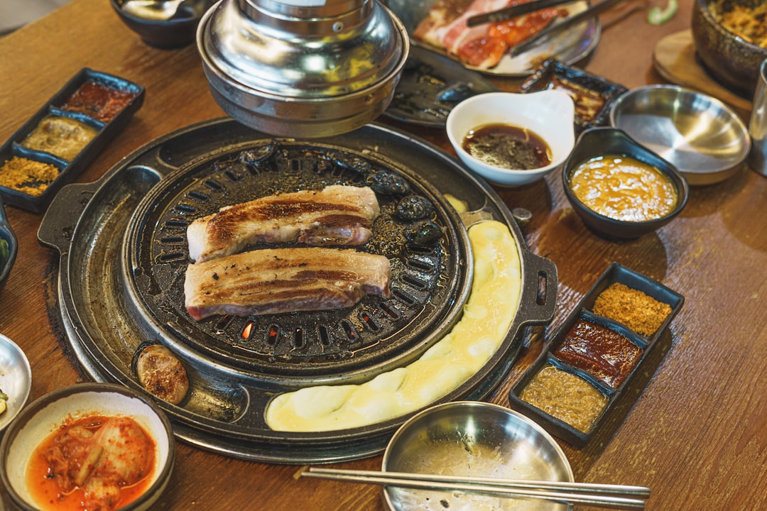Korean barbecue dinner is served on the table.