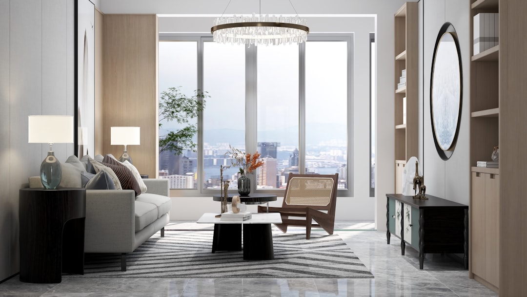 A modern living room with a cityscape view.
