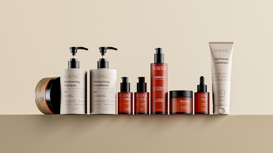 Various skincare bottles and jars arranged on a shelf.