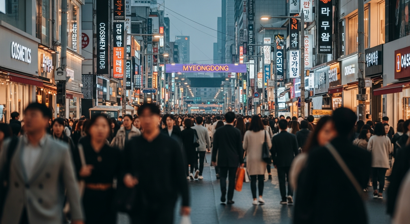 myeongdong street crowd evening shopping