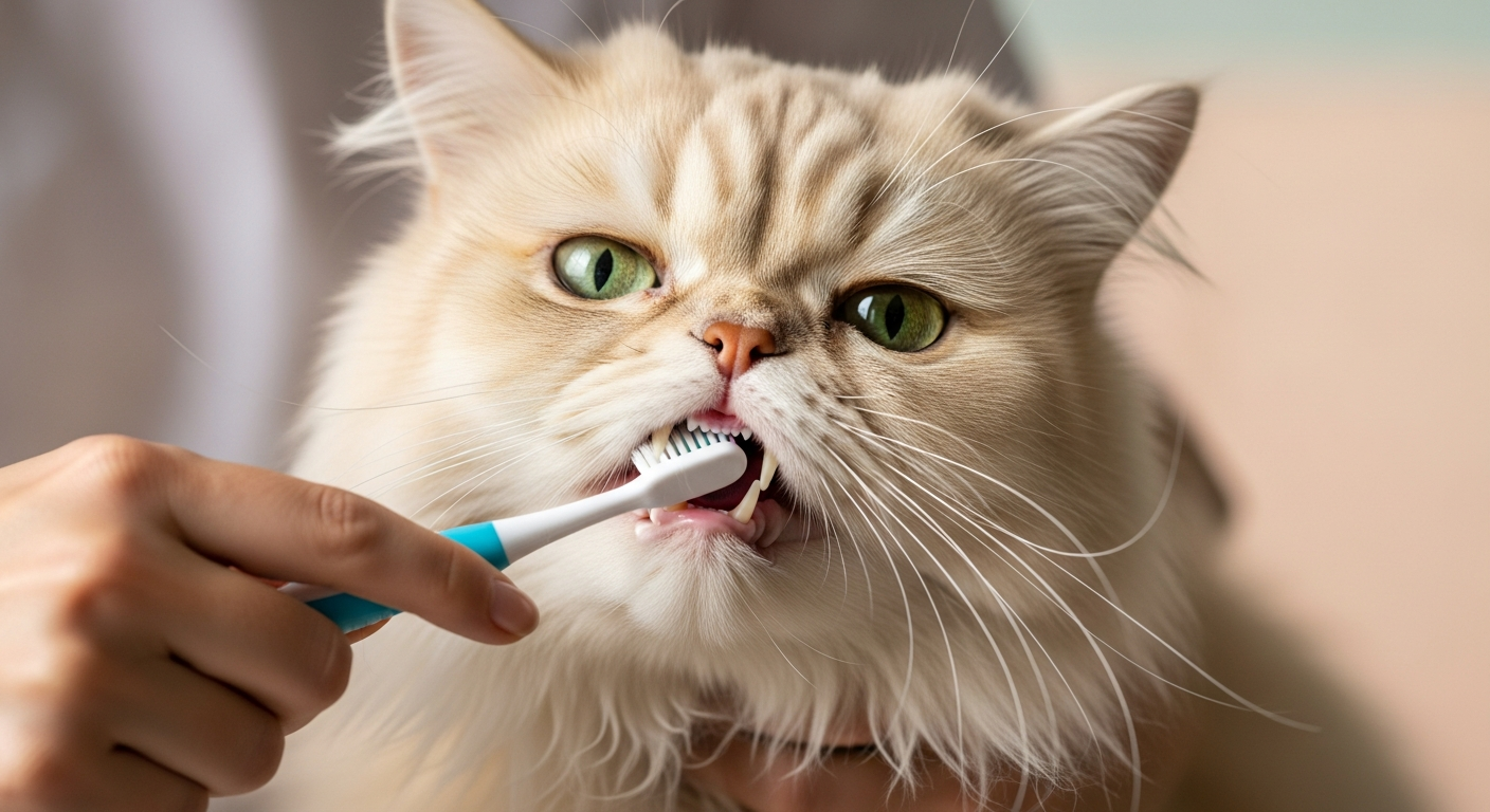 persian cat teeth brushing closeup
