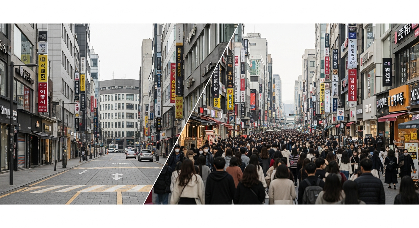 myeongdong empty street daytime comparison