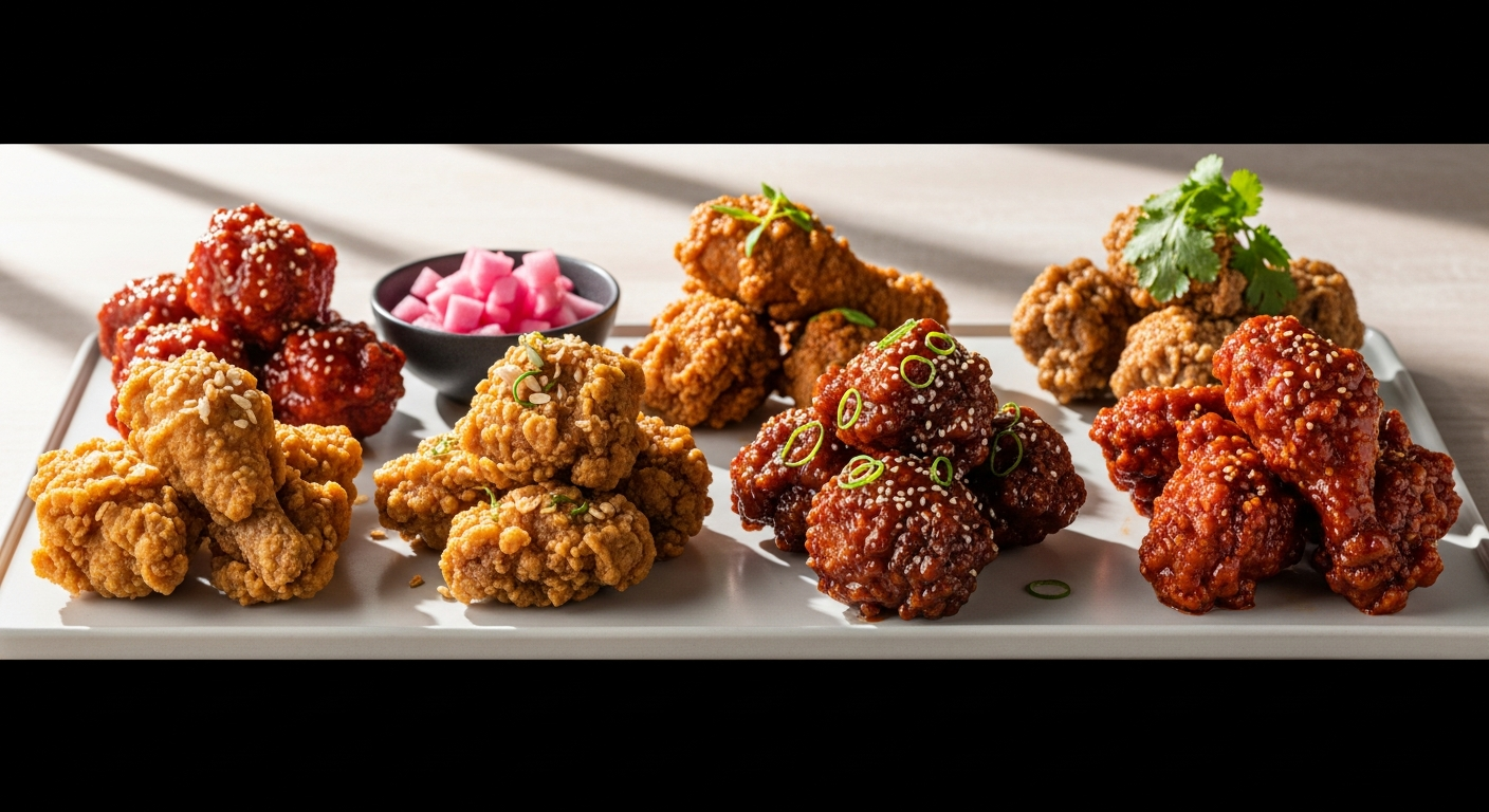 korean fried chicken pieces arrangement