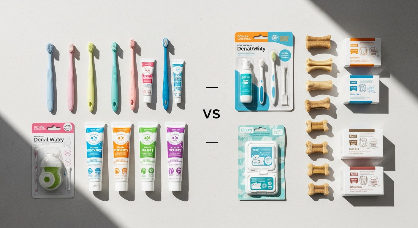 pet dental products comparison flatlay