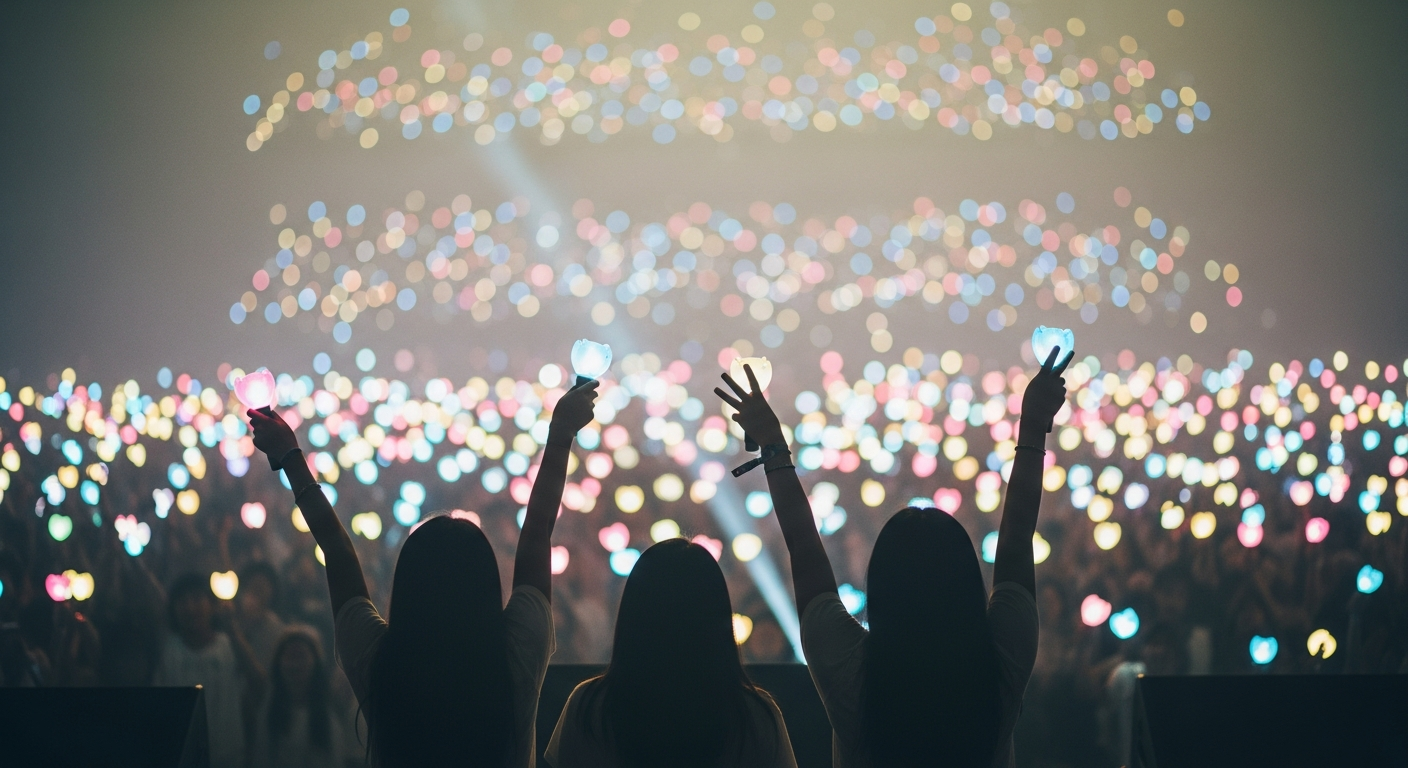 happy kpop fan concert crowd lightstick