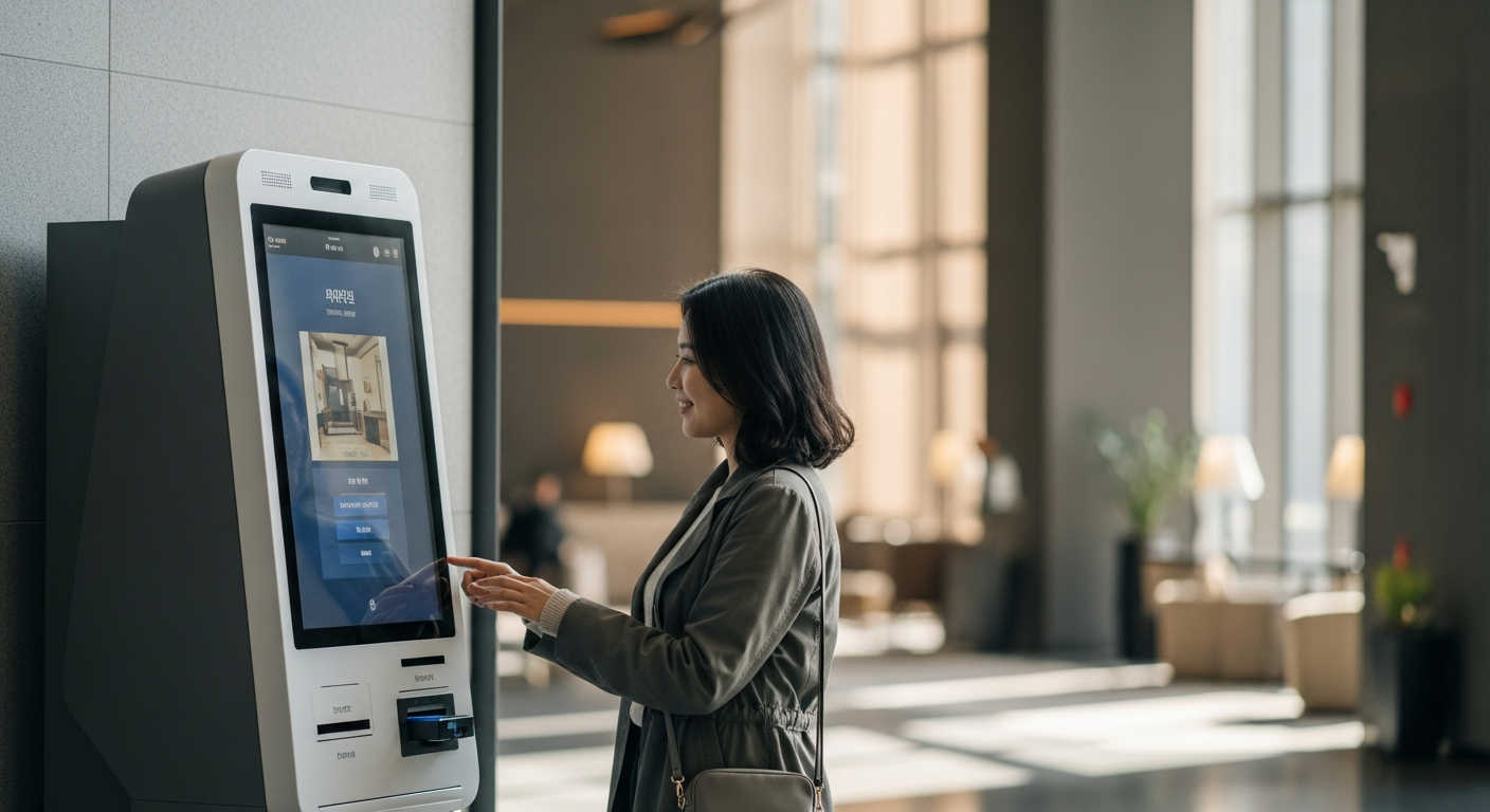 asian traveler hotel check in kiosk seoul