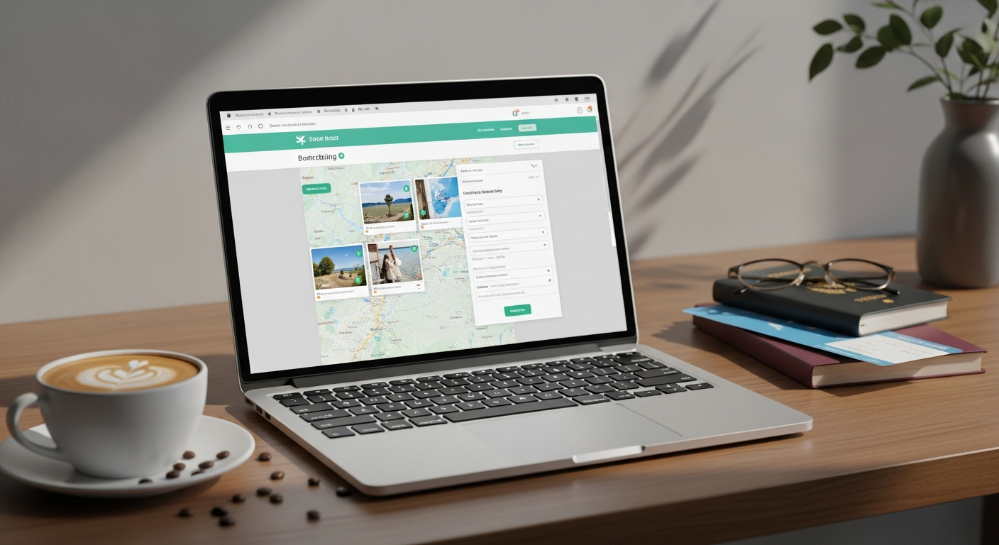 travel booking laptop coffee planning