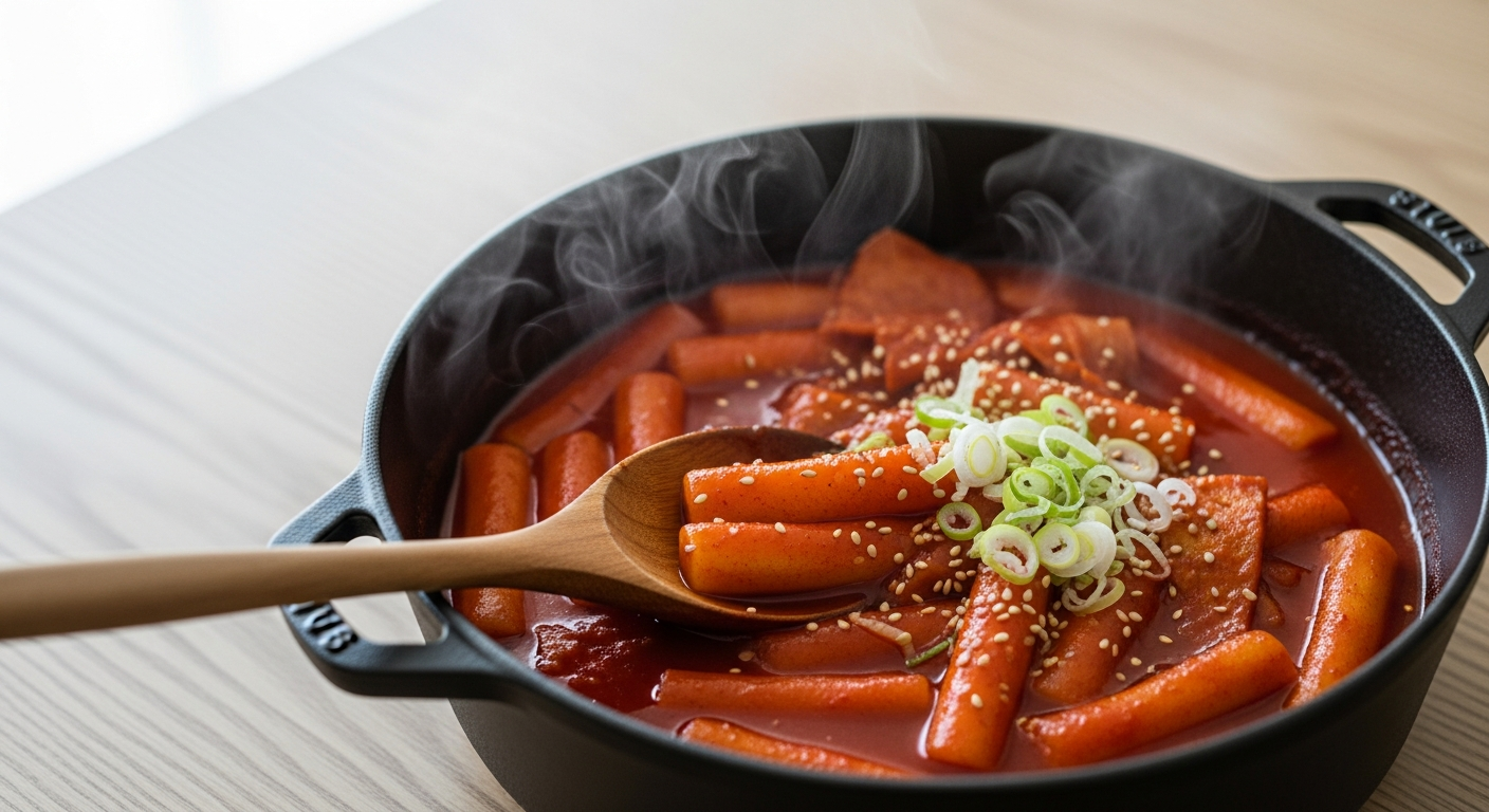 tteokbokki simmering red sauce wooden spoon