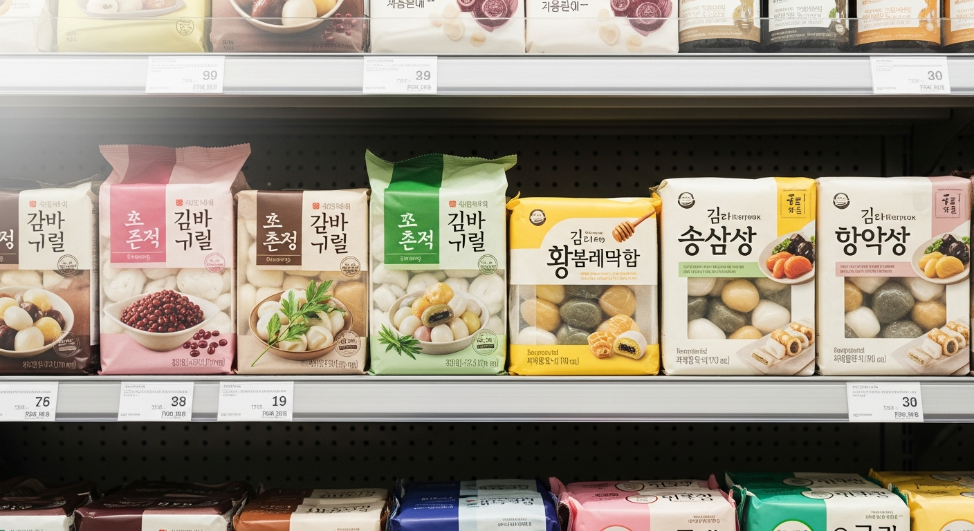 korean rice cakes packaging supermarket shelf