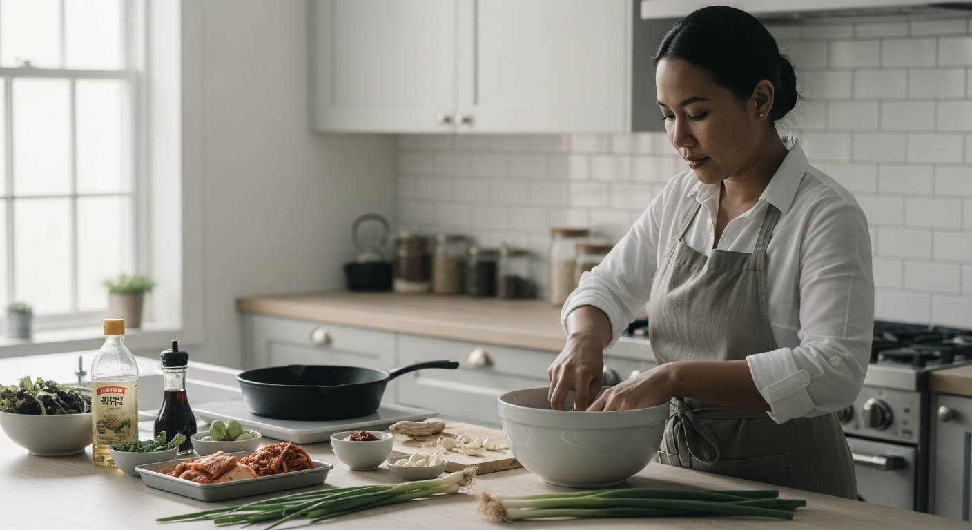 southeast asian home cook preparing korean food