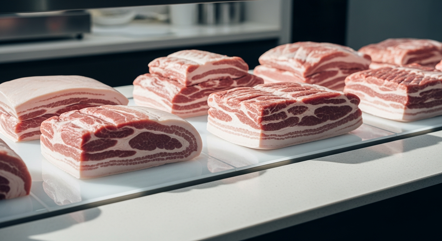 korean butcher shop pork belly display