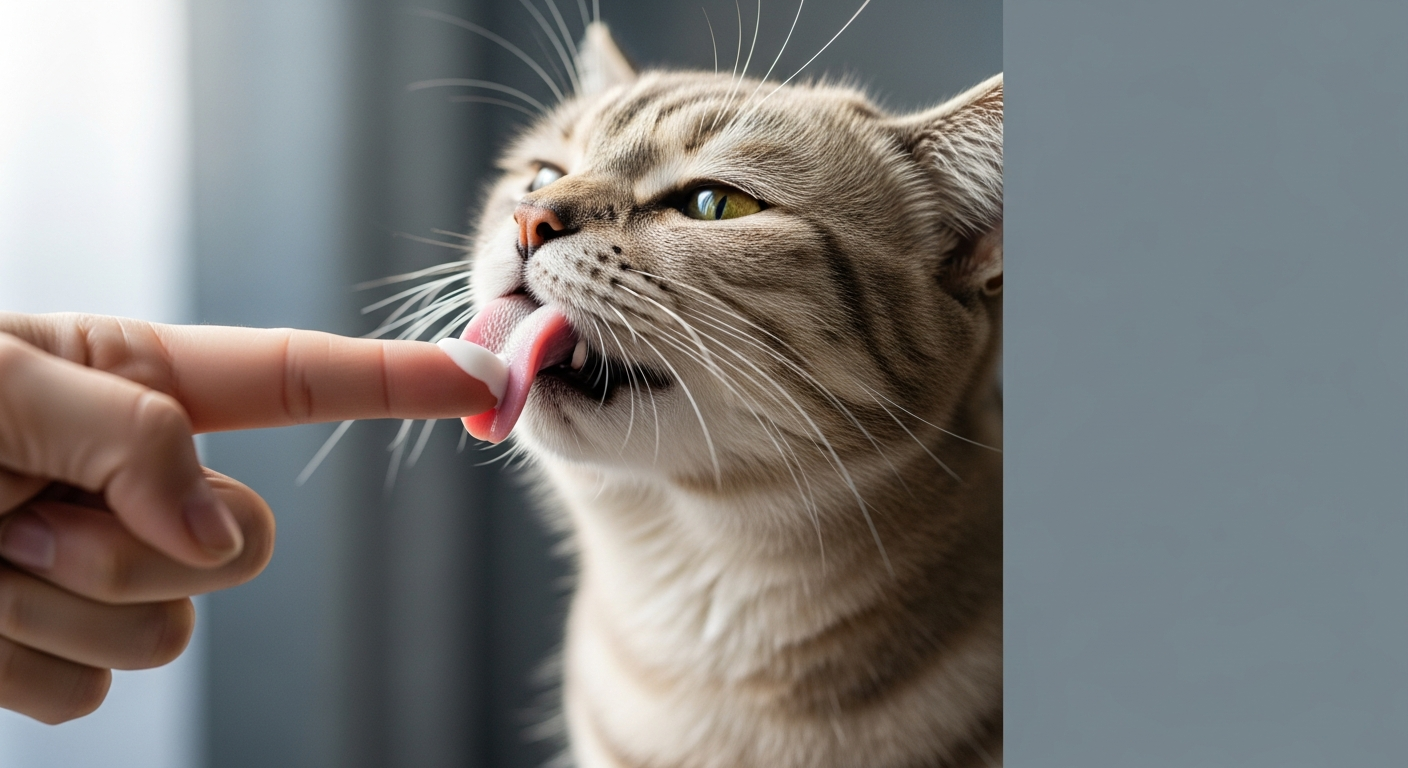 cat licking finger toothpaste training