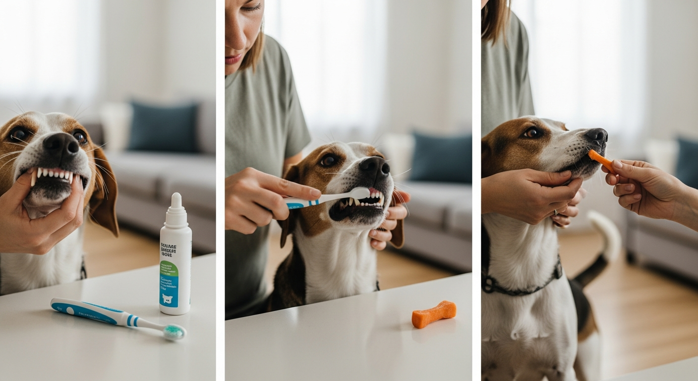 owner brushing dog teeth at home three steps