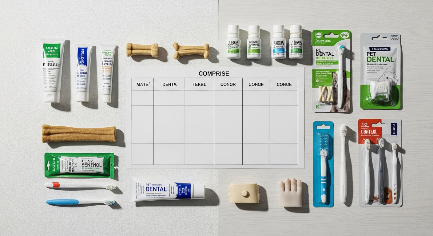 pet dental product comparison table flatlay