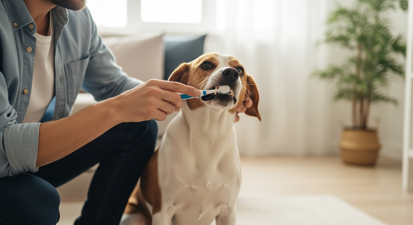 pet owner brushing dog teeth weekend home routine