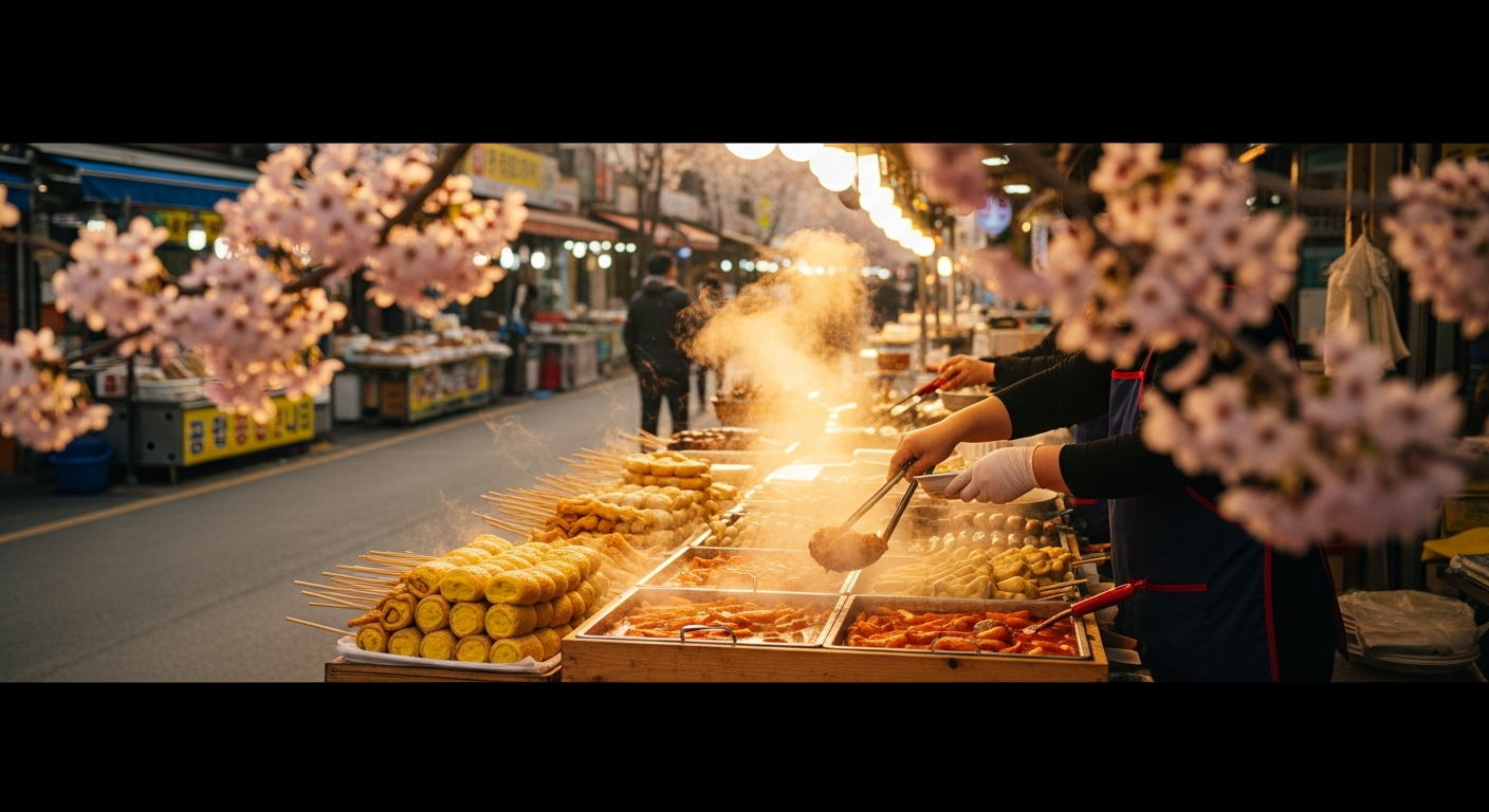 mangwon market street food cherry blossom