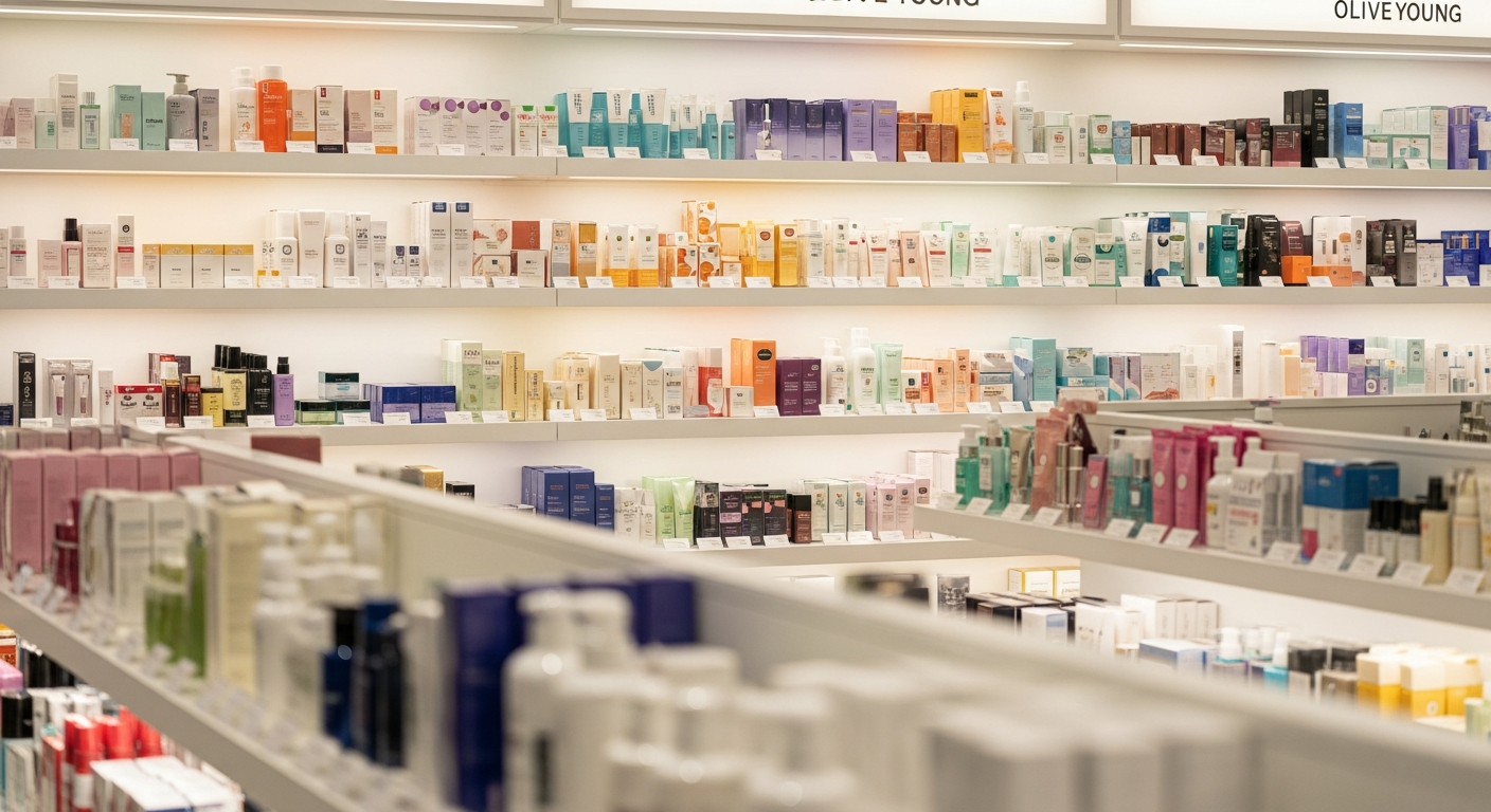 olive young store interior shelves k-beauty products