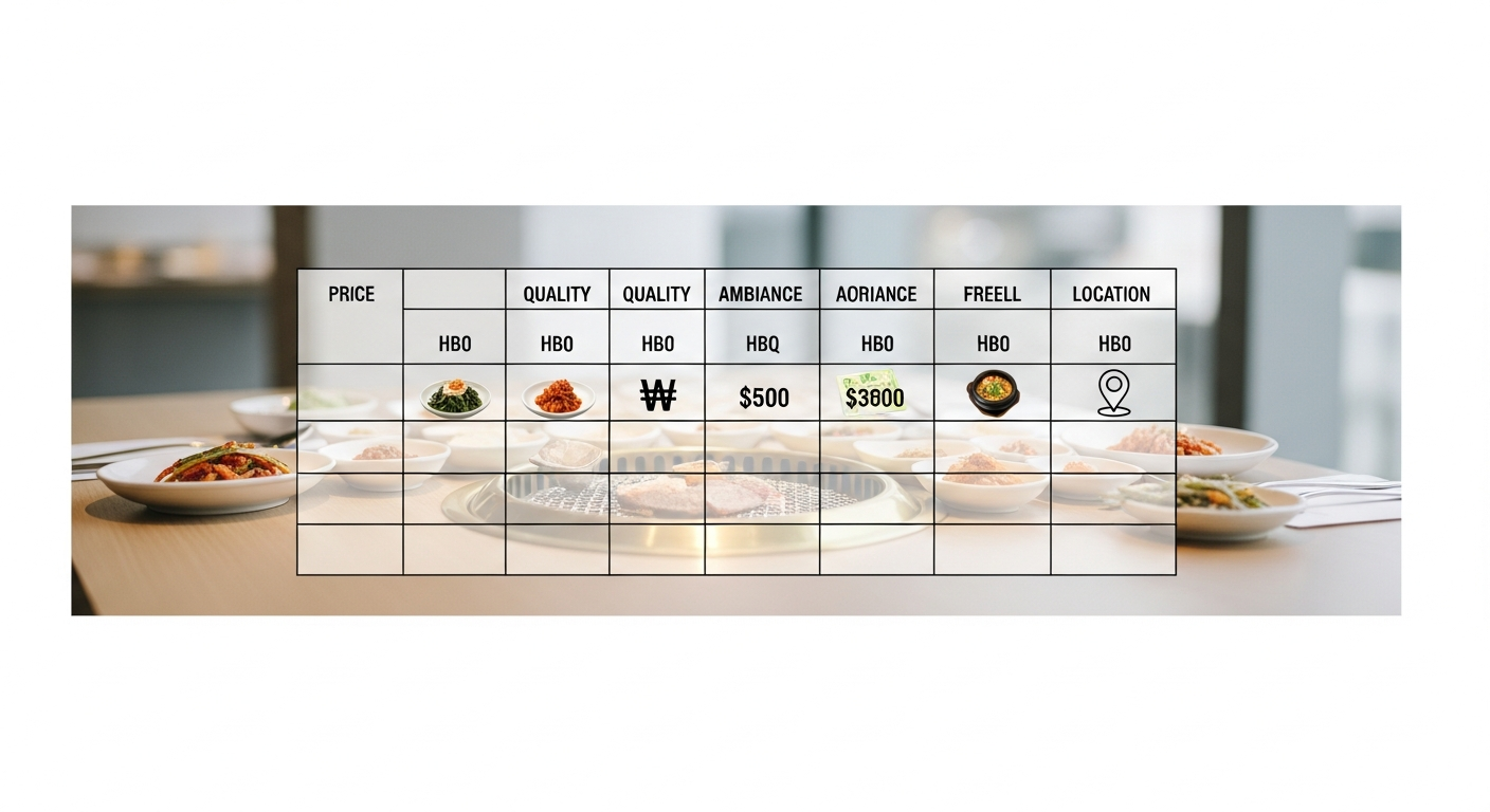 korean bbq restaurant comparison table seoul