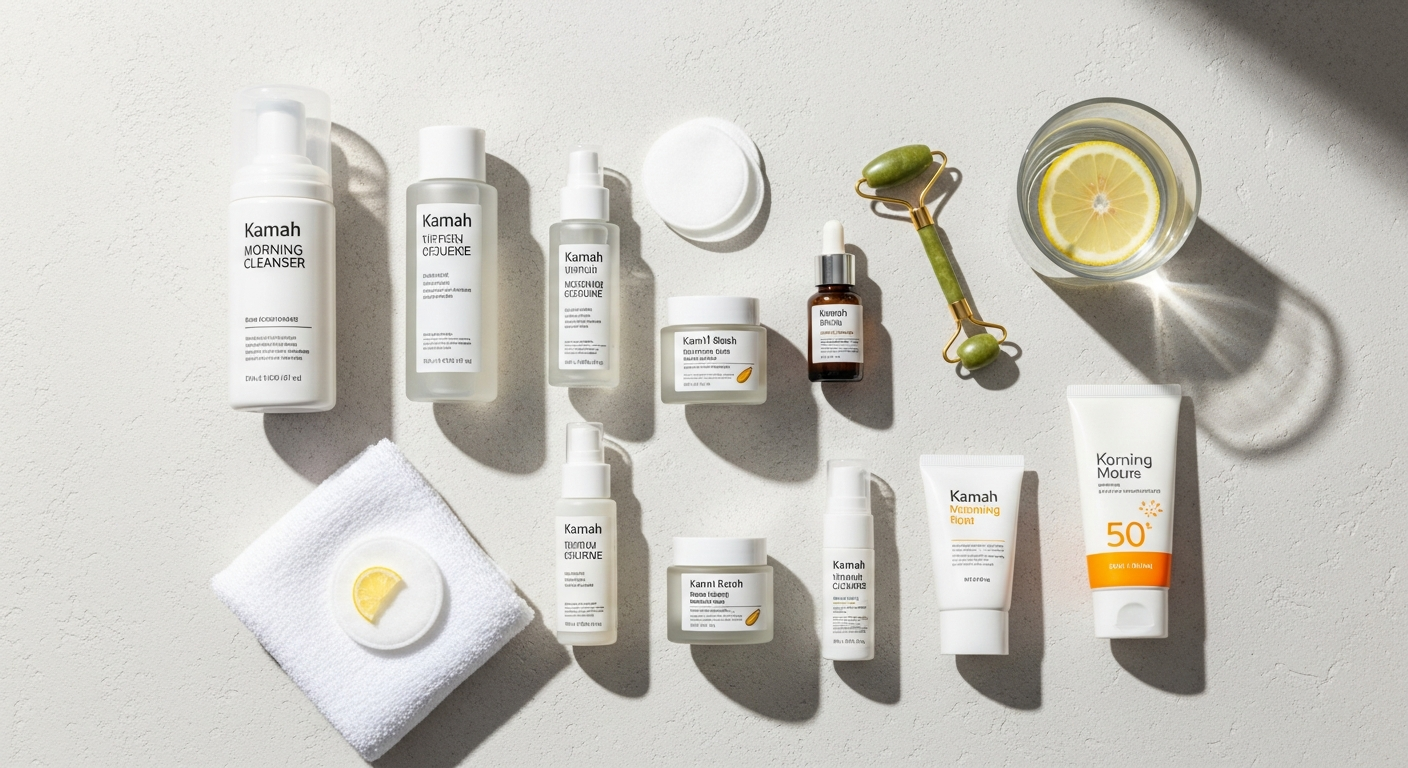 realistic korean morning skincare flatlay