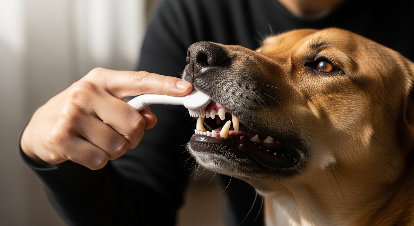 dog teeth brushing finger brush close up