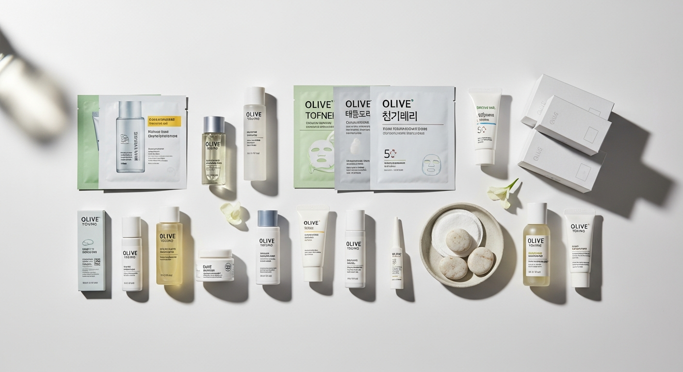 korean skincare routine flatlay olive young