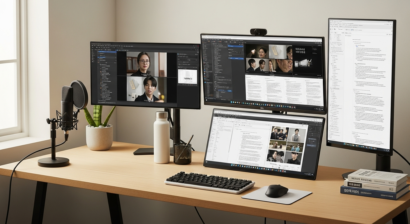korean drama translator desk multiple screens