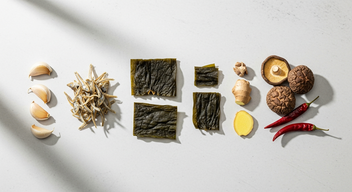 korean anchovy dashima broth ingredients flatlay