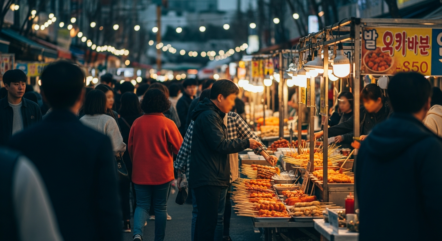 seoul mangwon market evening crowd street food