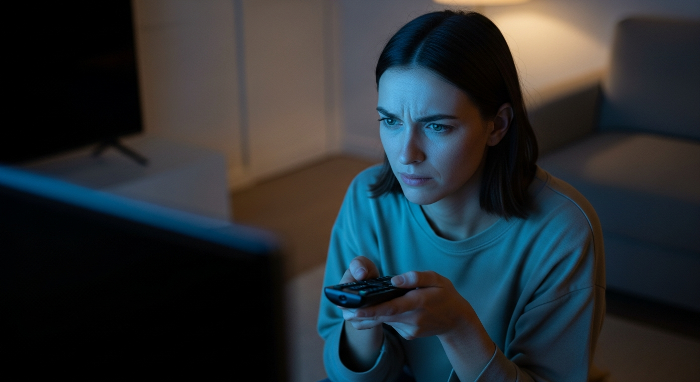 confused viewer tv remote dark room