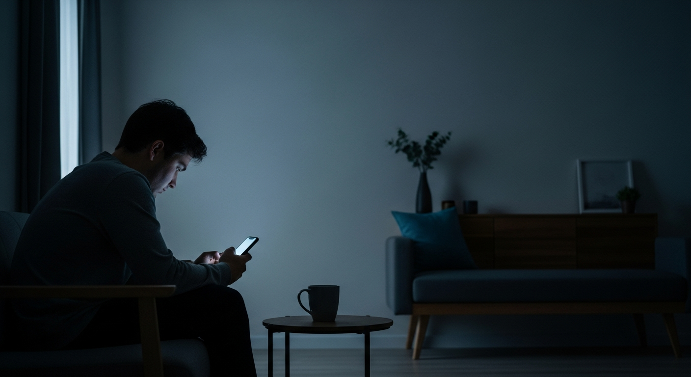 bored person staring phone late night