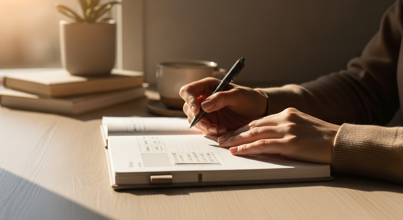 woman planning journal warm light