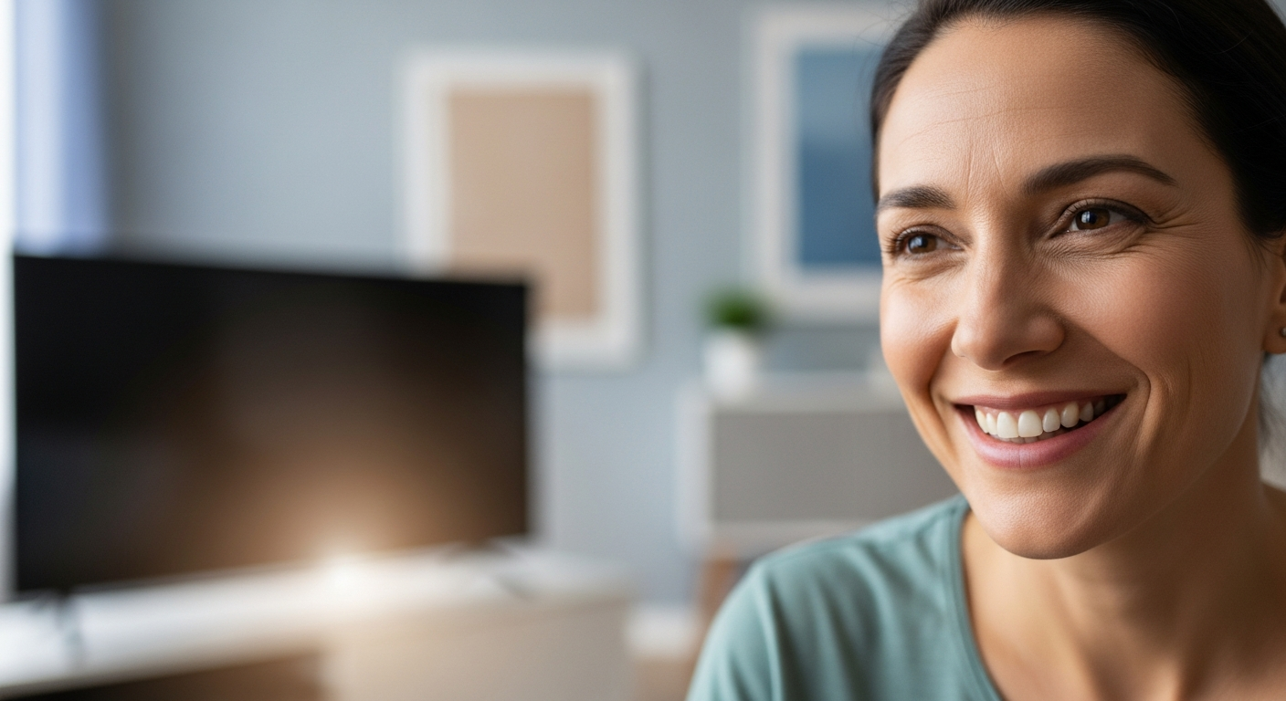 happy viewer smiling watching tv