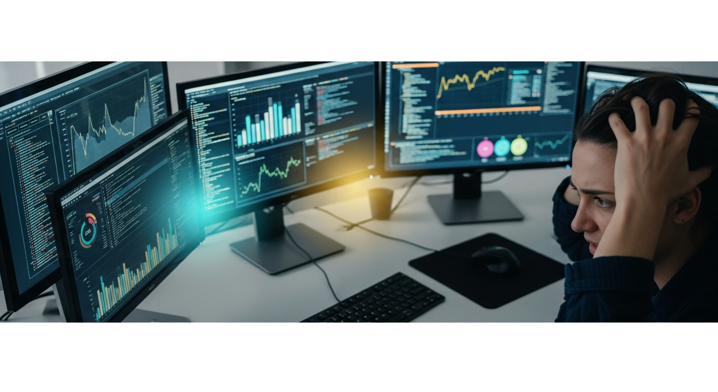 person stressed looking at multiple screens