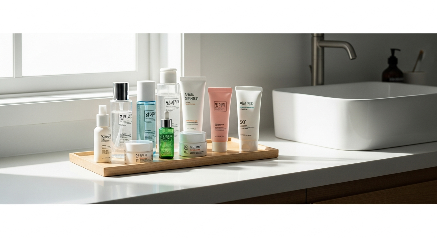 Korean skincare routine morning light bathroom