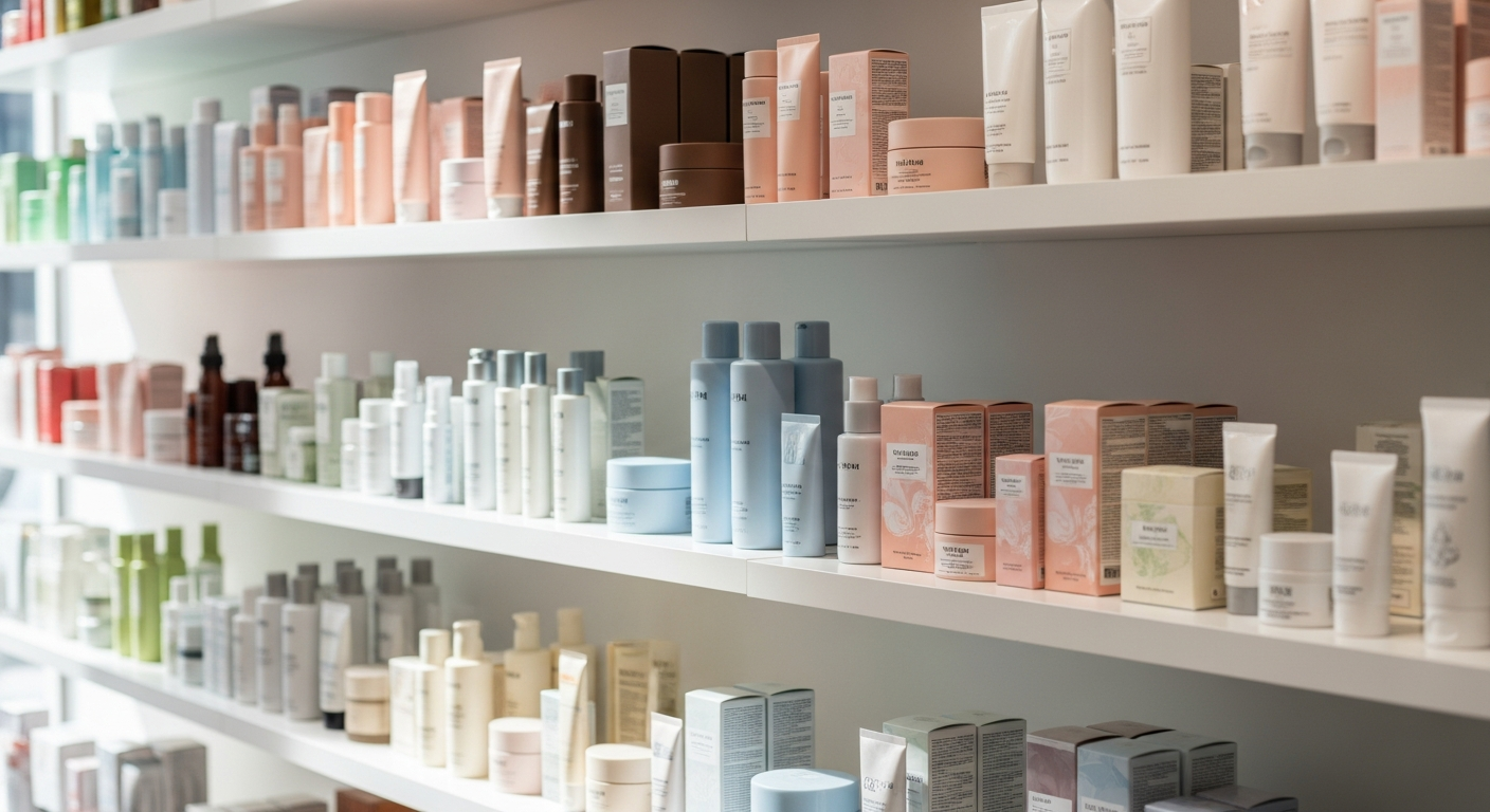 skincare product shelf retail store