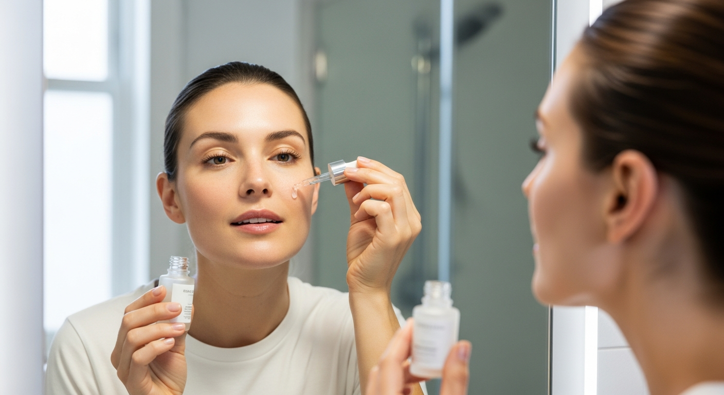 woman applying serum mirror